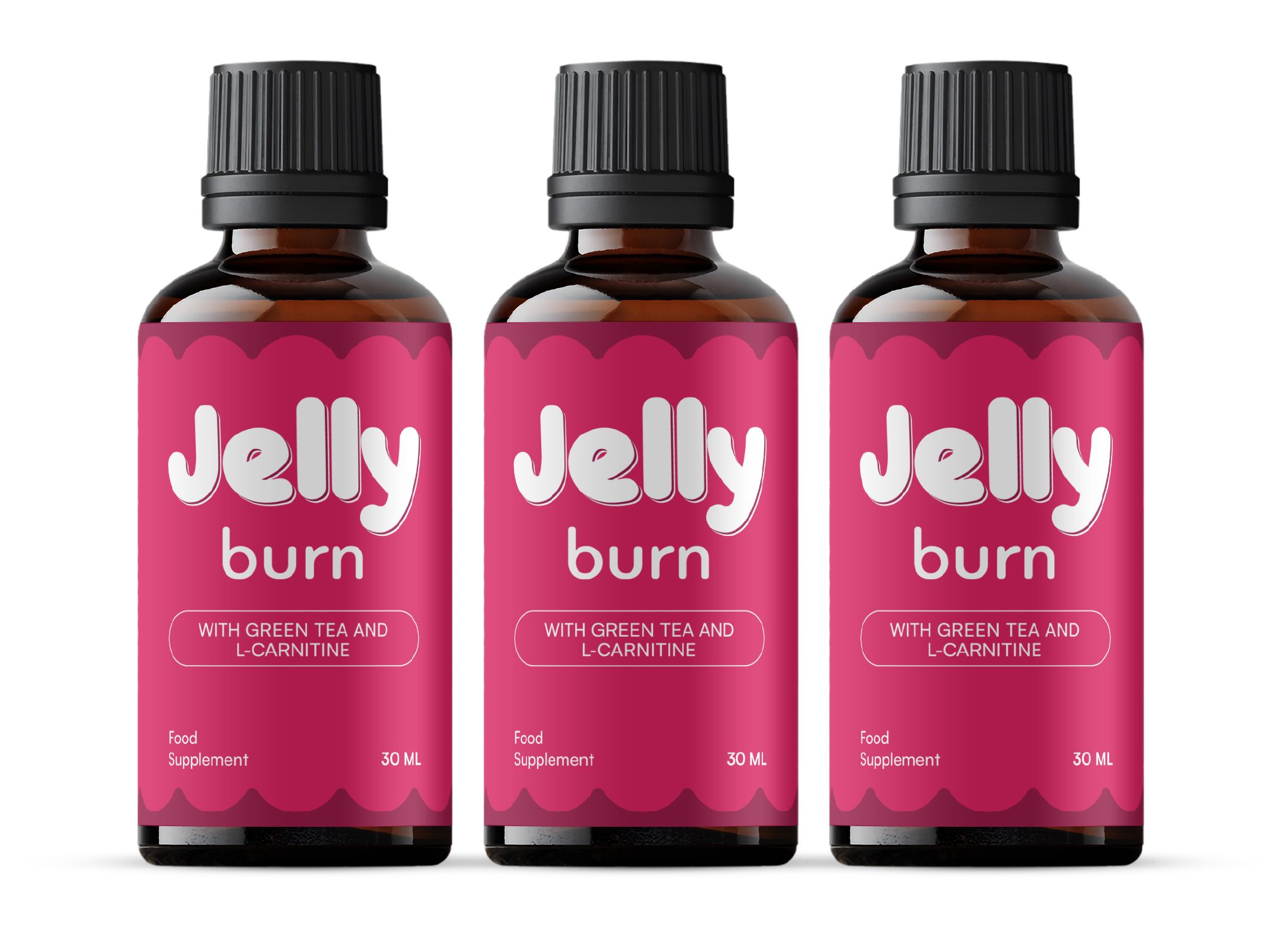 Drei Flaschen Jelly Burn Nahrungsergänzungsmittel mit grünem Tee und L-Carnitin.