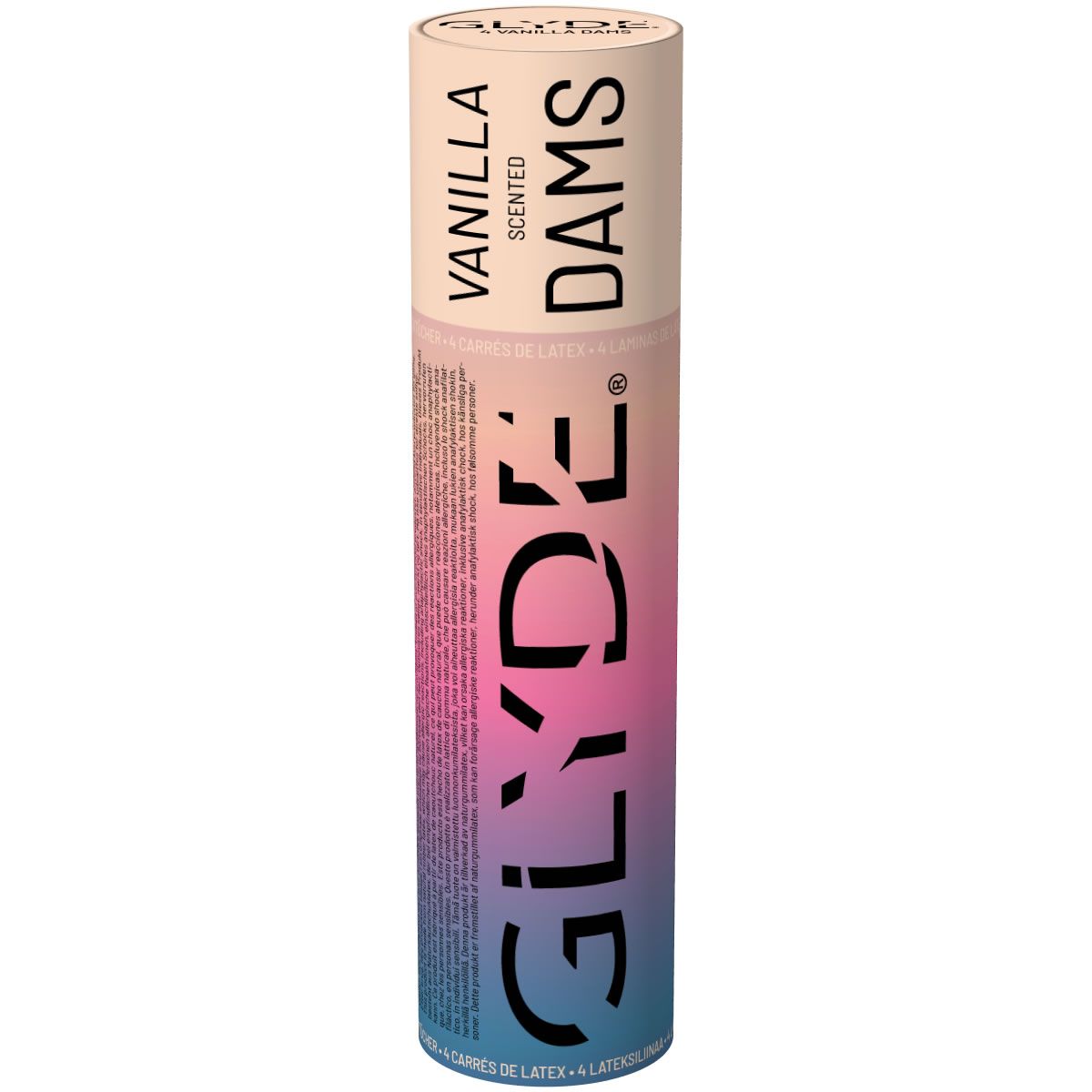 Zylinderförmige Verpackung. Aufdruck: GLYDE DAMS, VANILLA. Text: 4 Latex-Tücher.