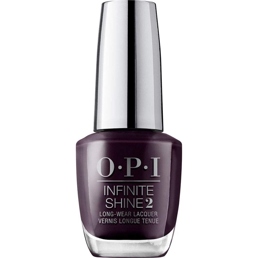 Nagellackflasche OPI Infinite Shine 2. Dunkelvioletter Lack, silberner Deckel, transparente Flasche.