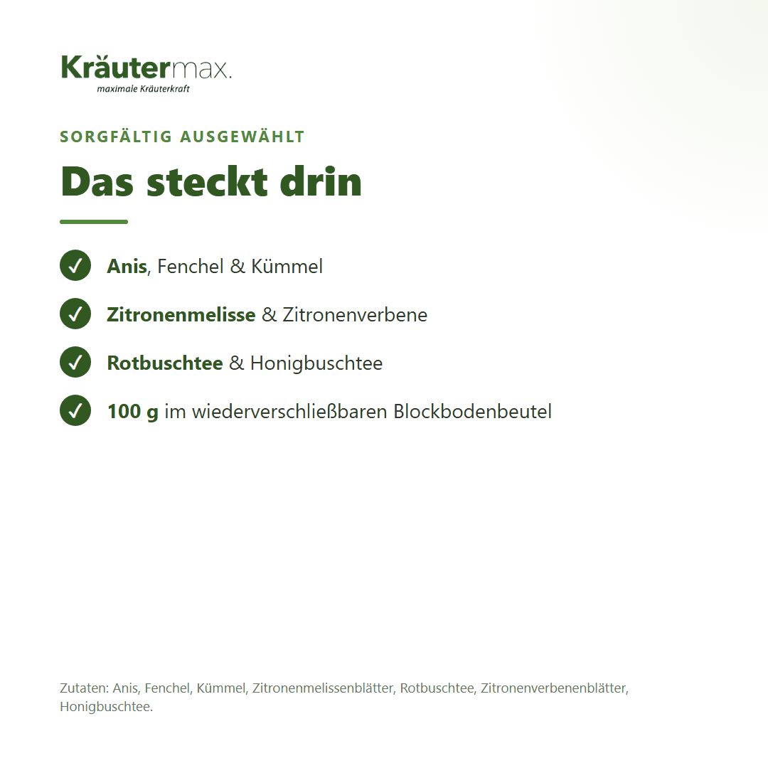 Übersicht der Inhaltsstoffe und Eigenschaften von Kräutermax Stilltee.