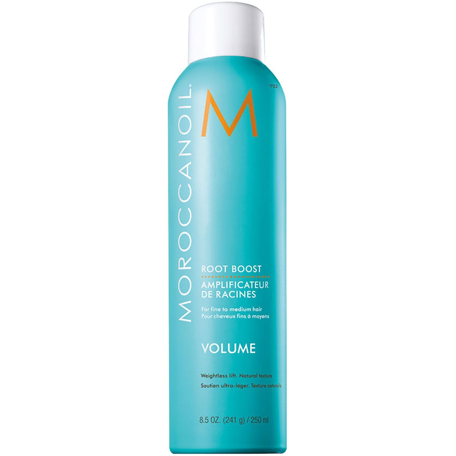 Moroccanoil Root Boost Spray für Volumen. Türkisfarbene Dose mit weißem Verschluss und orangefarbenem Logo.