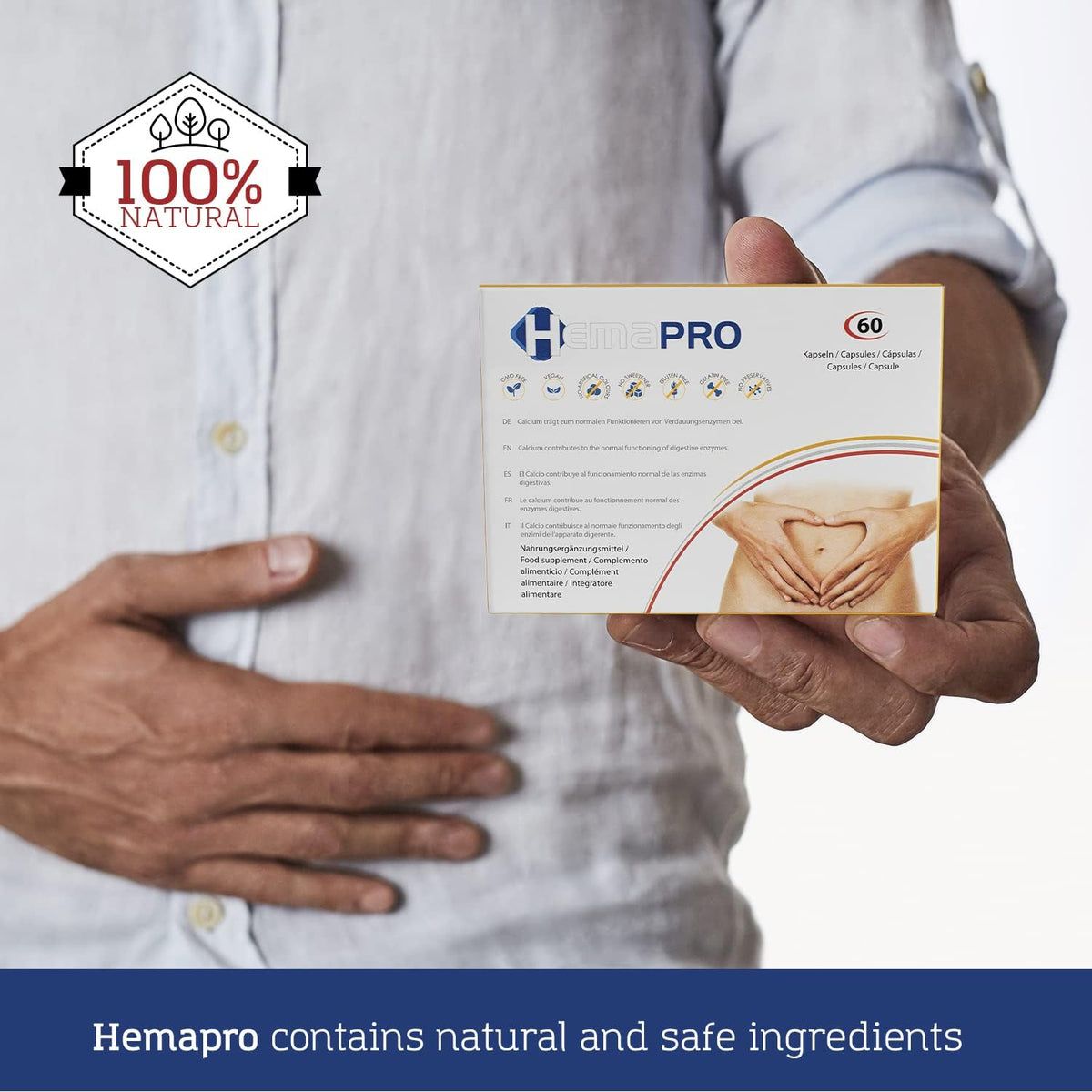 HemaPRO-Schachtel, 60 Kapseln. 100% natürlich. Logo. Mann hält die Schachtel. Text: Enthält natürliche und sichere Inhaltsstoffe.