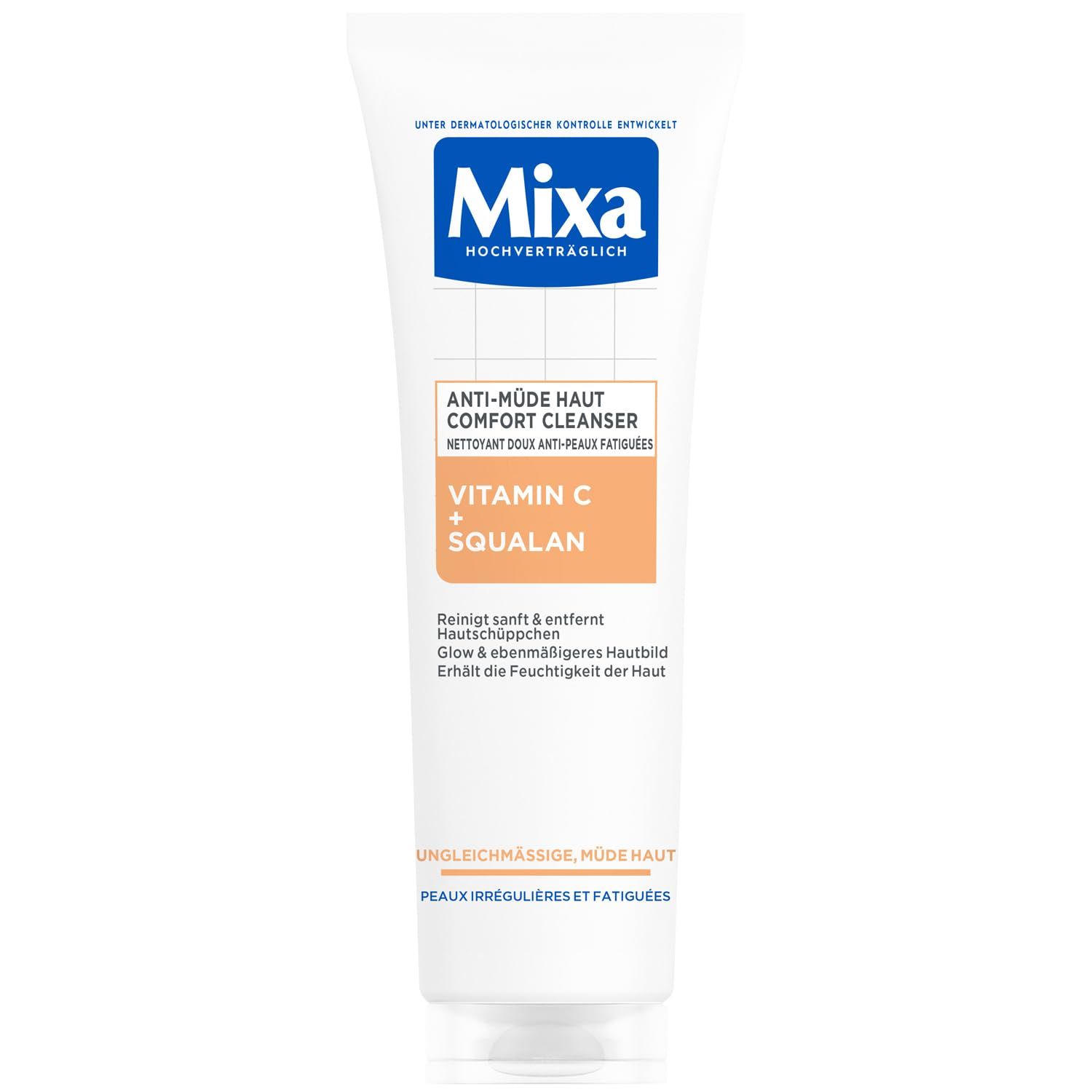 Weiße Tube mit blauer und orangefarbener Beschriftung. Text: Mixa, Anti-Müde Haut Comfort Cleanser, Vitamin C + Squalane. Unter dermatologischer Kontrolle entwickelt.