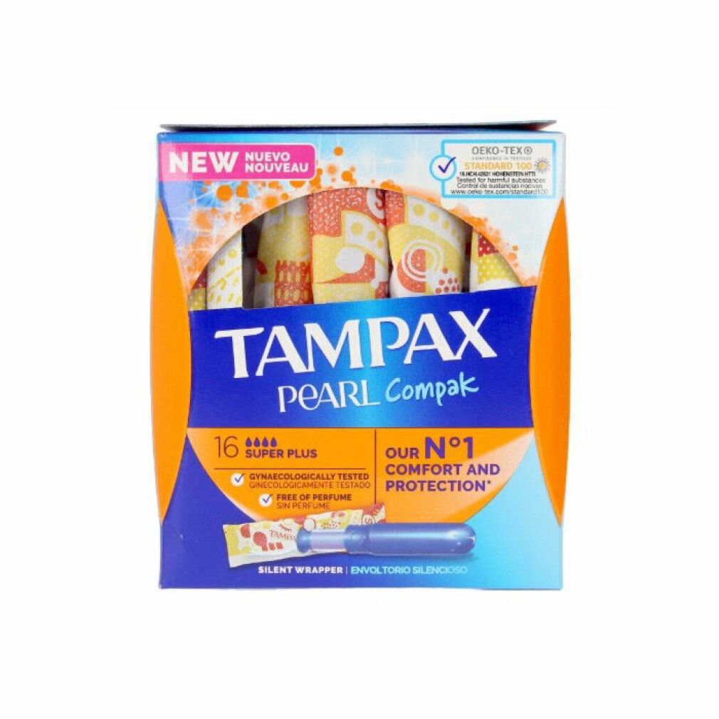 Verpackung von Tampax Pearl Compak Super Plus. Enthält 16 Tampons. Mit 'NEW' und 'DEKO-TEX' Siegel.