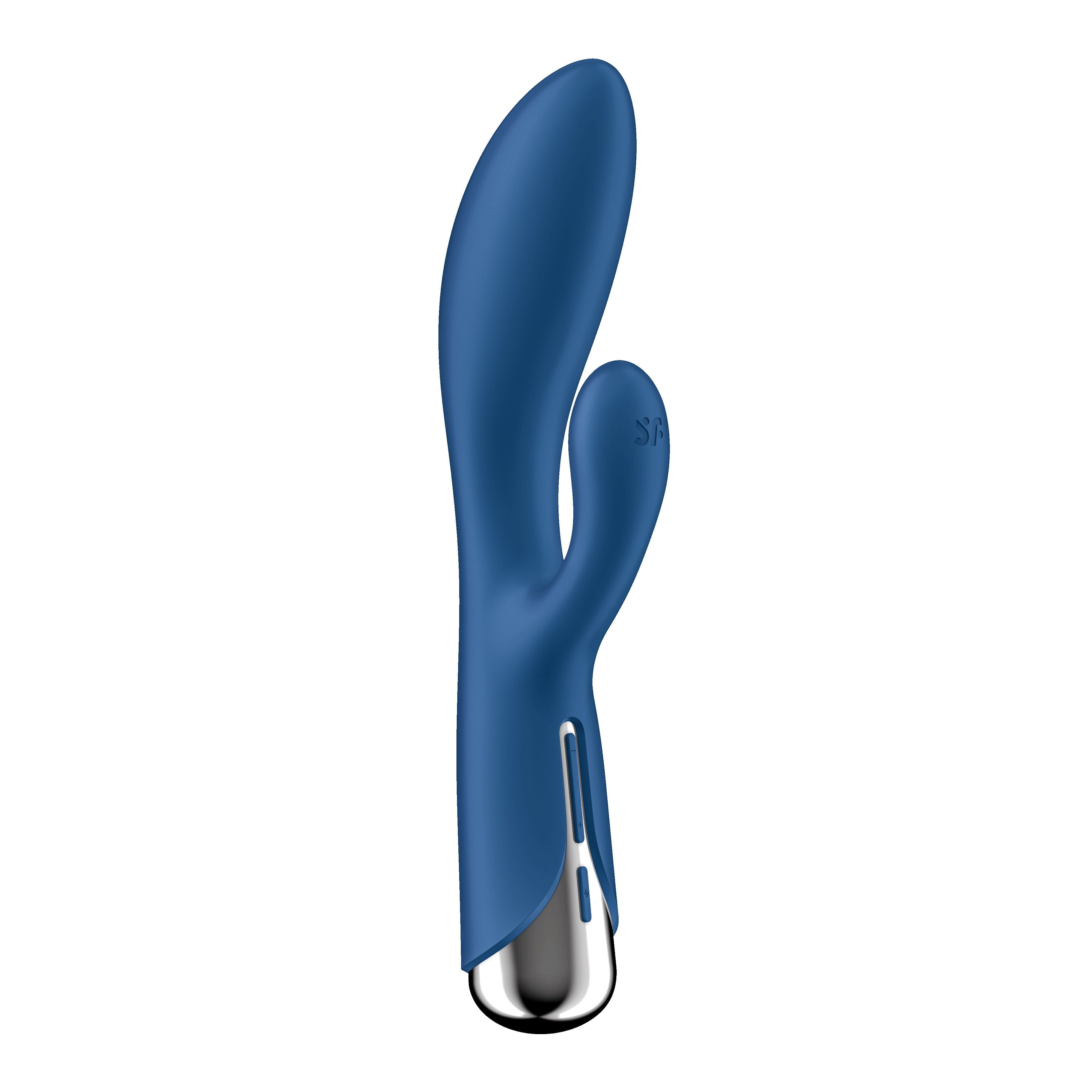 Blauer Vibrator mit gebogener Form und einem zusätzlichen, kleineren Aufsatz. Silberfarbener Abschluss.