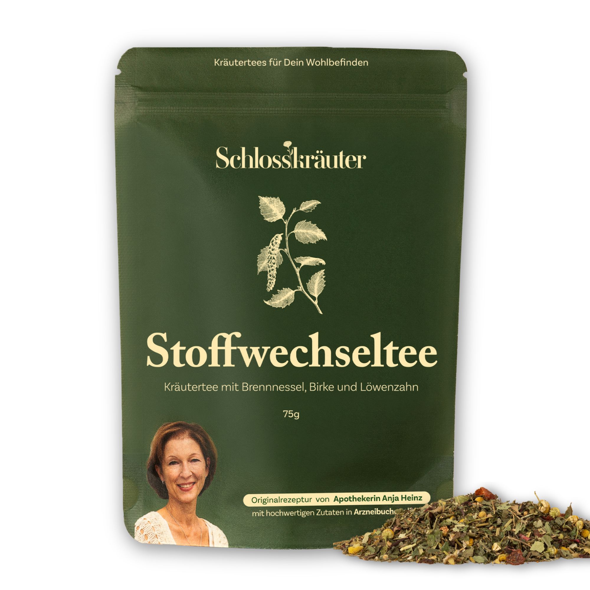 Grüner Beutel mit Aufschrift "Schlosskräuter Stoffwechseltee". Kräutermischung daneben. Frau im Bild.
