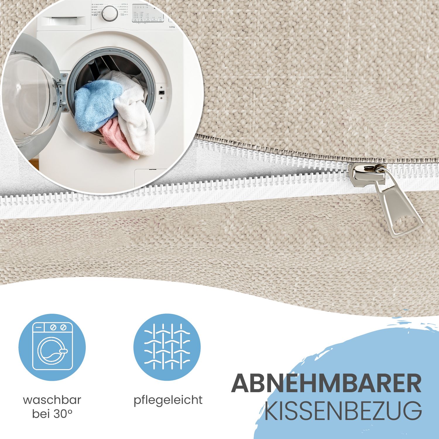 Nahaufnahme eines beigen Kissens mit Reißverschluss. Text: Abnehmbarer Kissenbezug. Symbole: Waschbar, pflegeleicht.