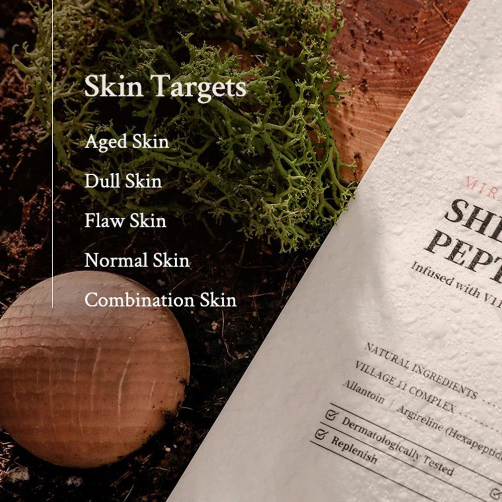 Produktinformationen auf Papier. Text: Miracle Youth Sheet Mask Peptide. Natürliche Inhaltsstoffe, dermatologisch getestet.