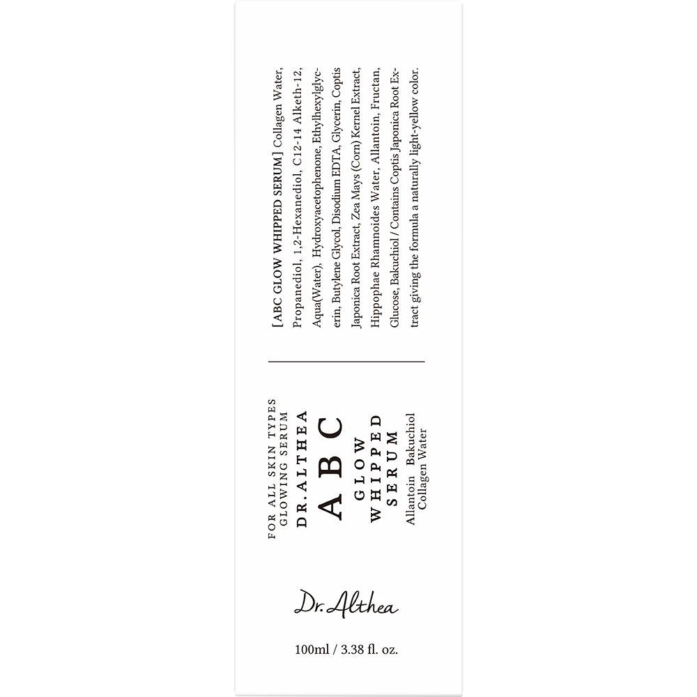 Rückseite der Dr. Althea ABC Glow Whipped Serum Box mit Inhaltsstoffen und Zertifizierungen.