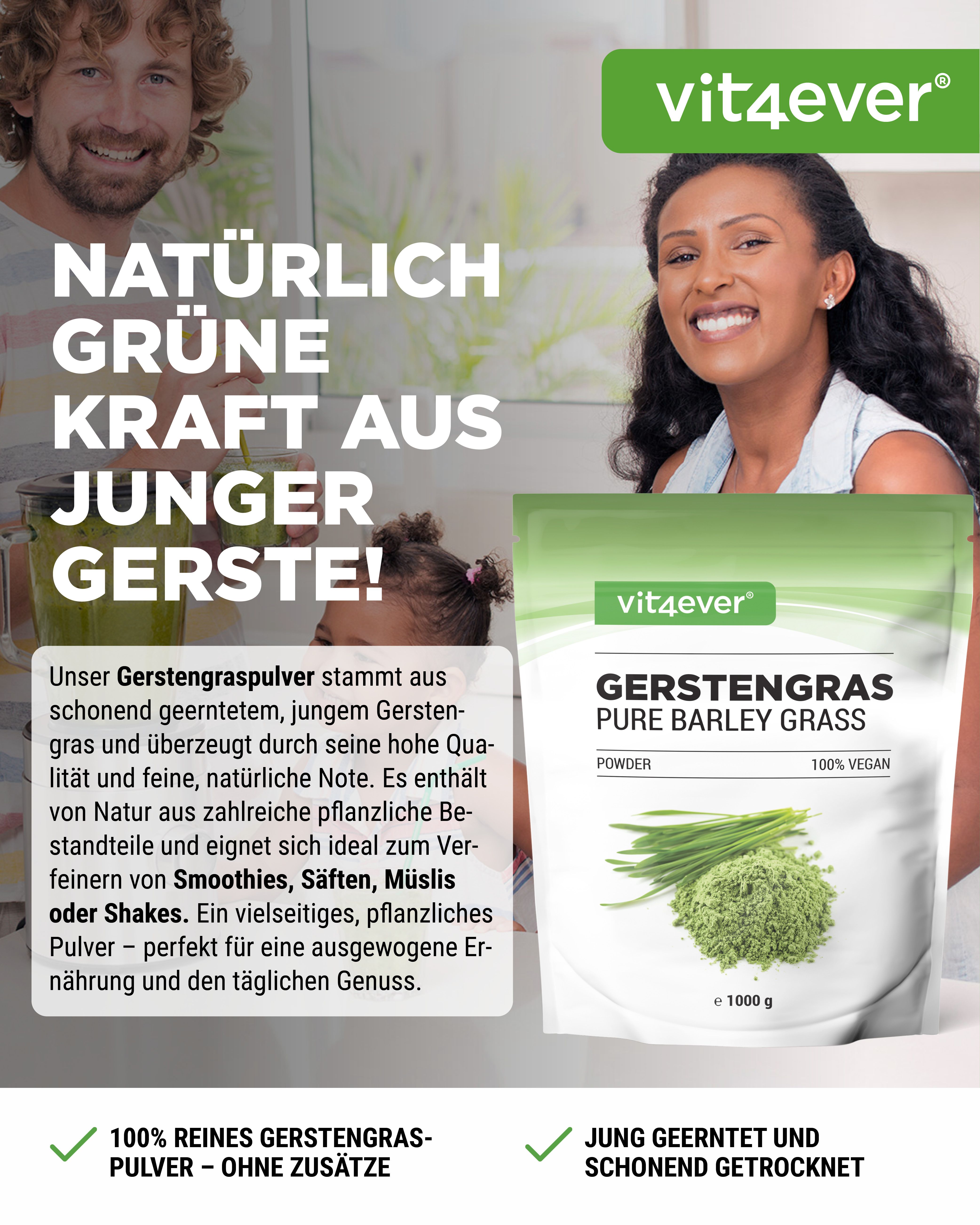 Werbebild mit Produktverpackung. Menschen lächeln. Text: Natürliche grüne Kraft aus junger Gerste!