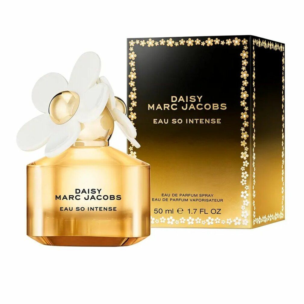 Goldfarbener Flakon mit weißer Blüte und Verpackung. Aufschrift: Daisy Marc Jacobs Eau So Intense.