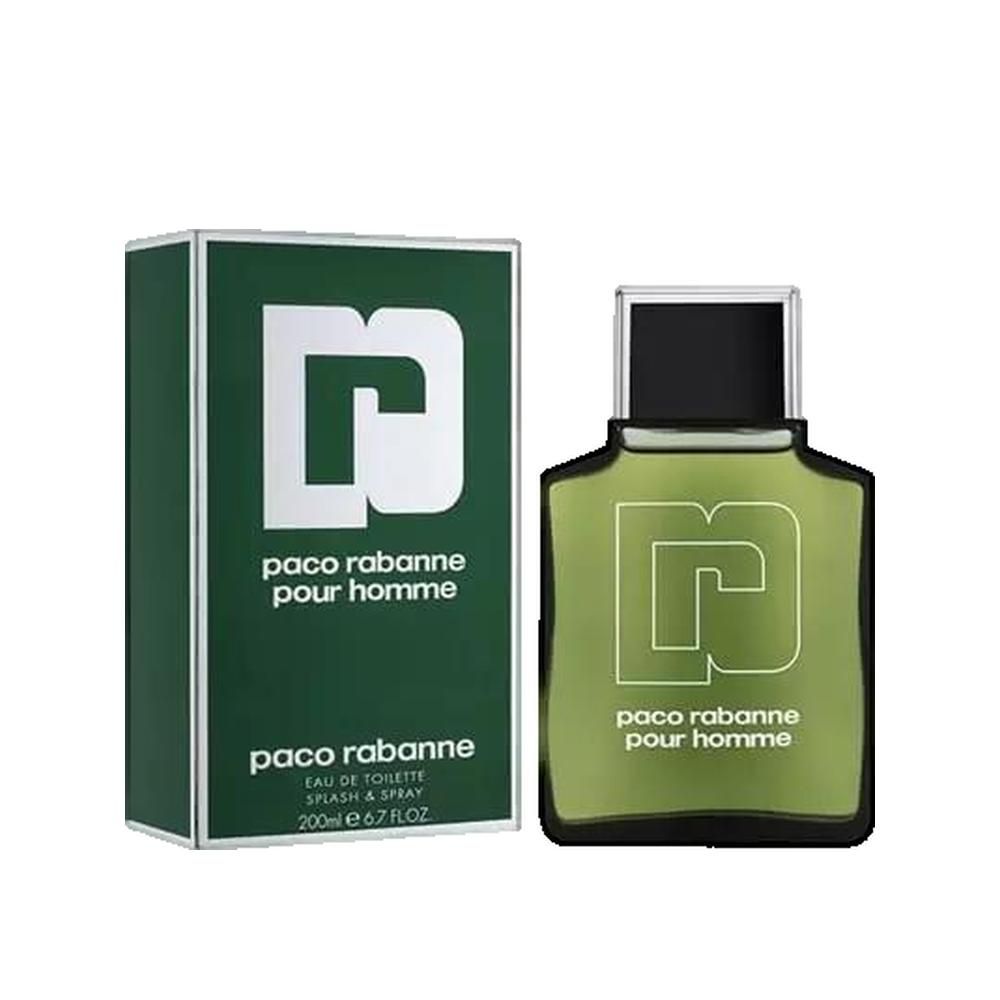 Paco Rabanne Pour Homme Eau de Toilette und Verpackung. Grün mit weißem Logo und Text.