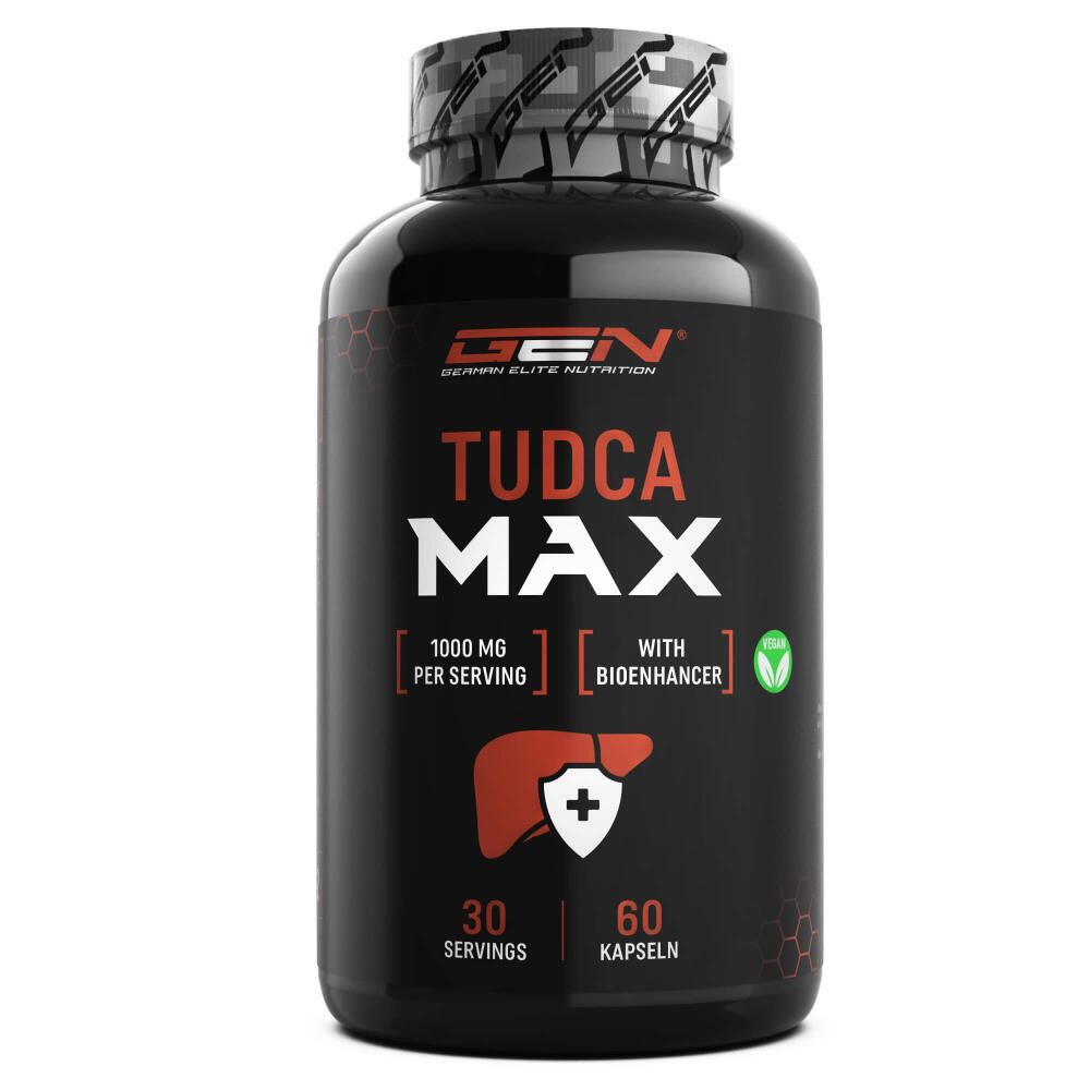 Schwarze Flasche GEN Tudca Max. Weißer Schriftzug, rotes Leber-Symbol. 60 Kapseln. 1000 mg pro Portion. Mit Bioenhancer. Vegan.