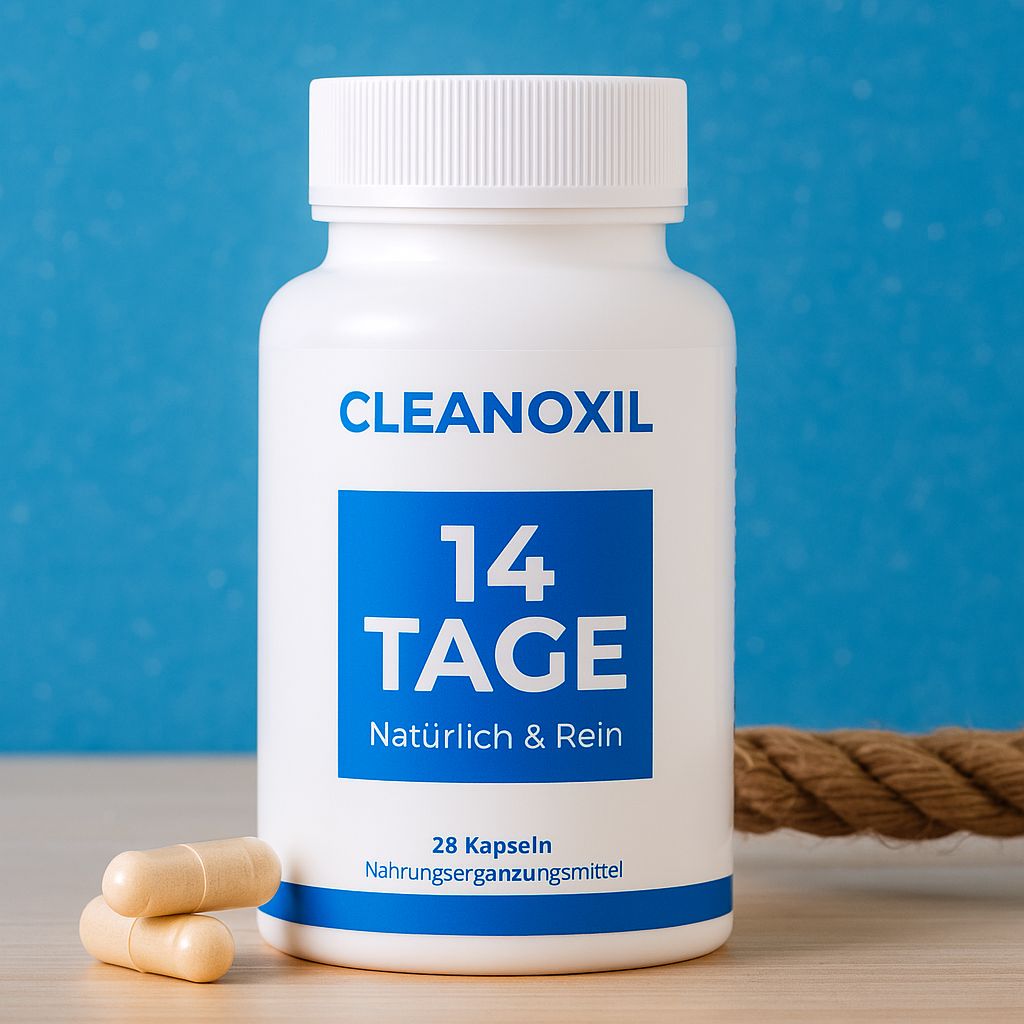 Weiße Flasche mit blauem Etikett. CLEANOXIL, 14 TAGE, 28 Kapseln. Zwei Kapseln liegen daneben. Hintergrund blau.