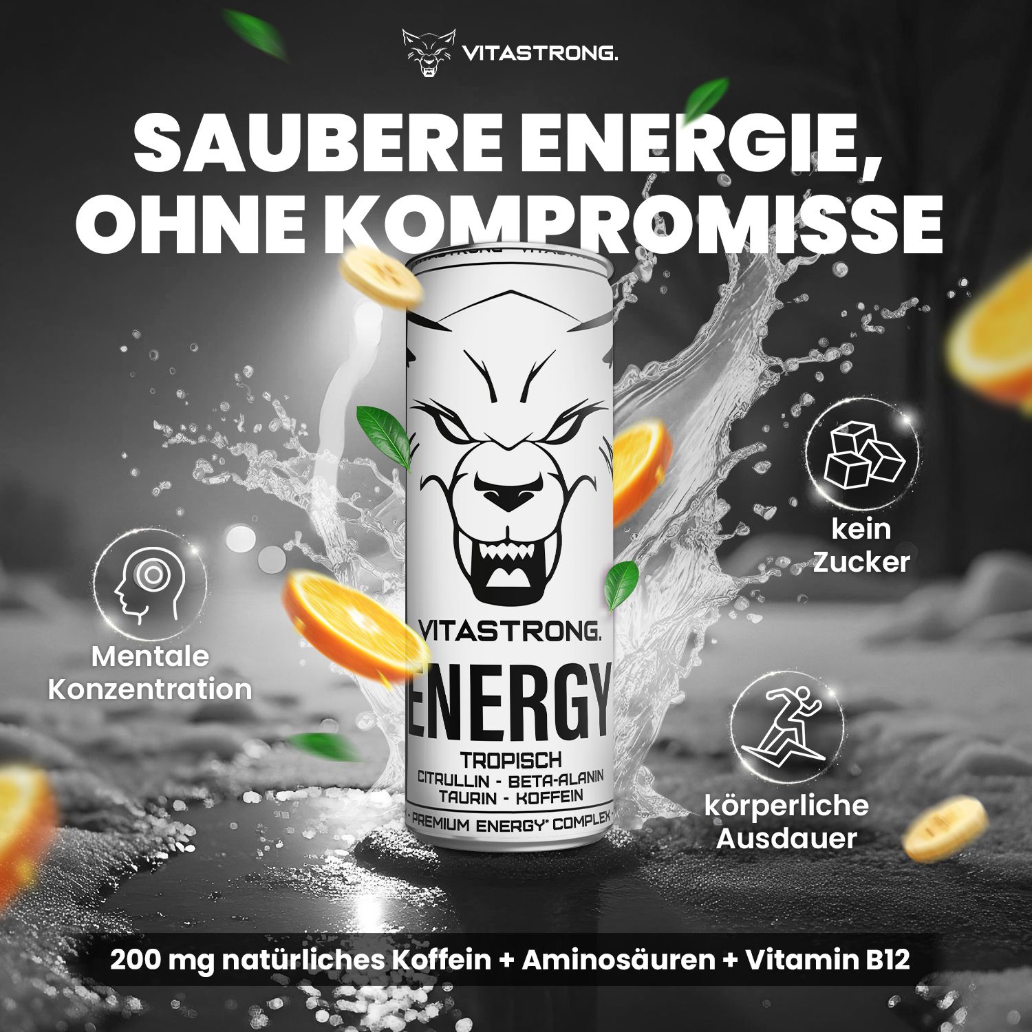 Weiße Dose mit Wolfsgesicht. Text: ENERGY TROPICAL. Grafische Elemente: Orangen, Bananen, Wasser. Mentale Konzentration.