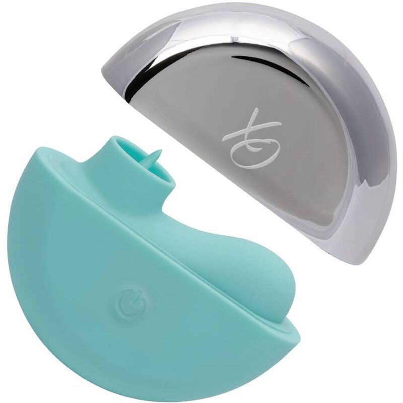 Türkiser Silikon-Stimulator mit silbernem Deckel und Logo.