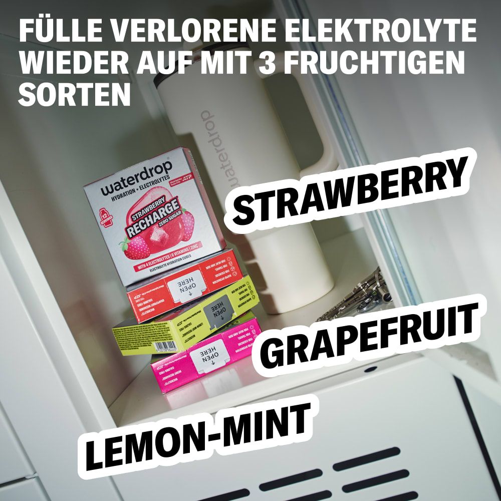 Drei Packungen waterdrop® Hydration + Elektrolyte: Erdbeere, Grapefruit und Zitrone Minze.