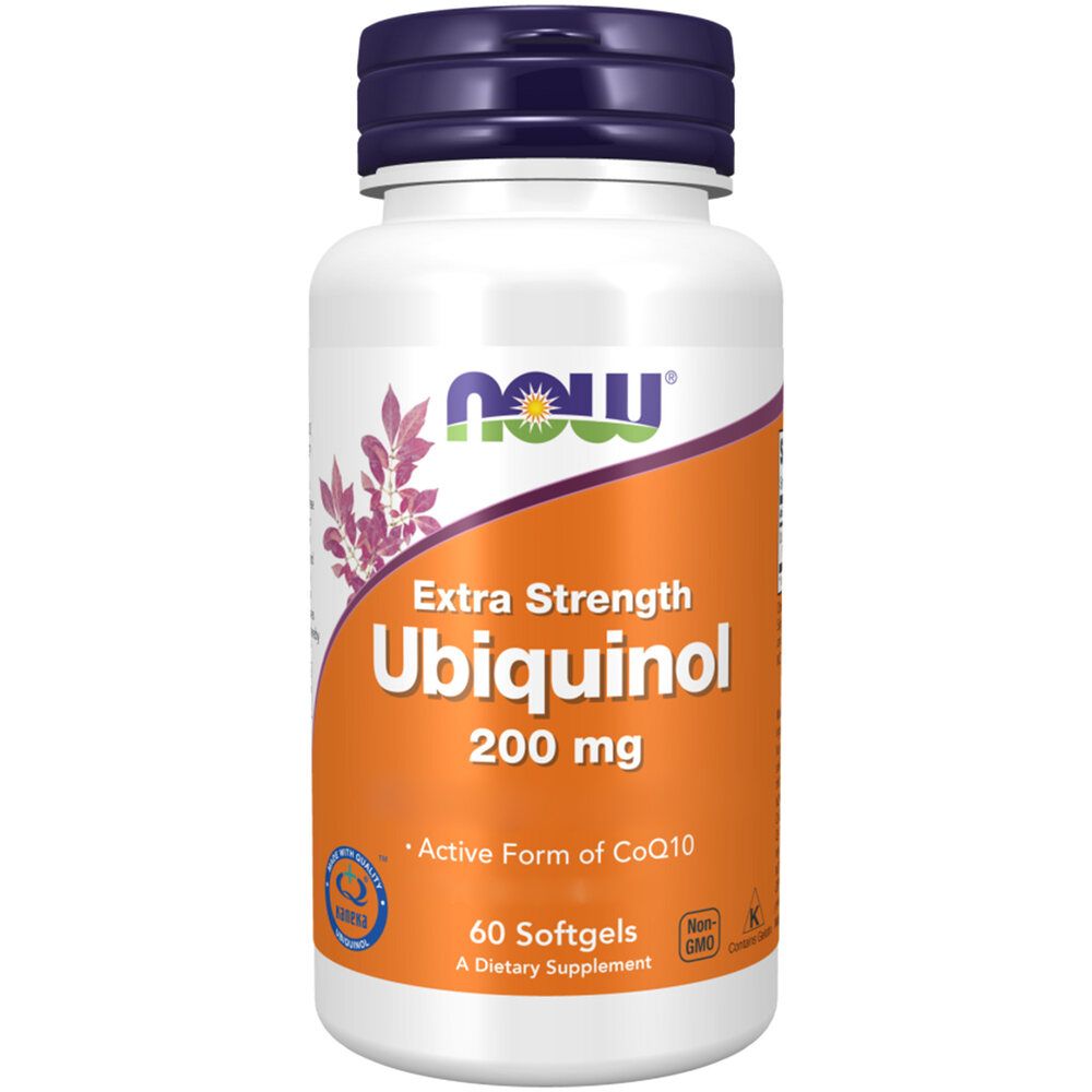 Nahrungsergänzungsmittel-Flasche mit lila Deckel. Aufschrift: Ubiquinol, 200 mg. Enthält 60 Softgels. Orangefarbenes Etikett mit weißen Buchstaben.