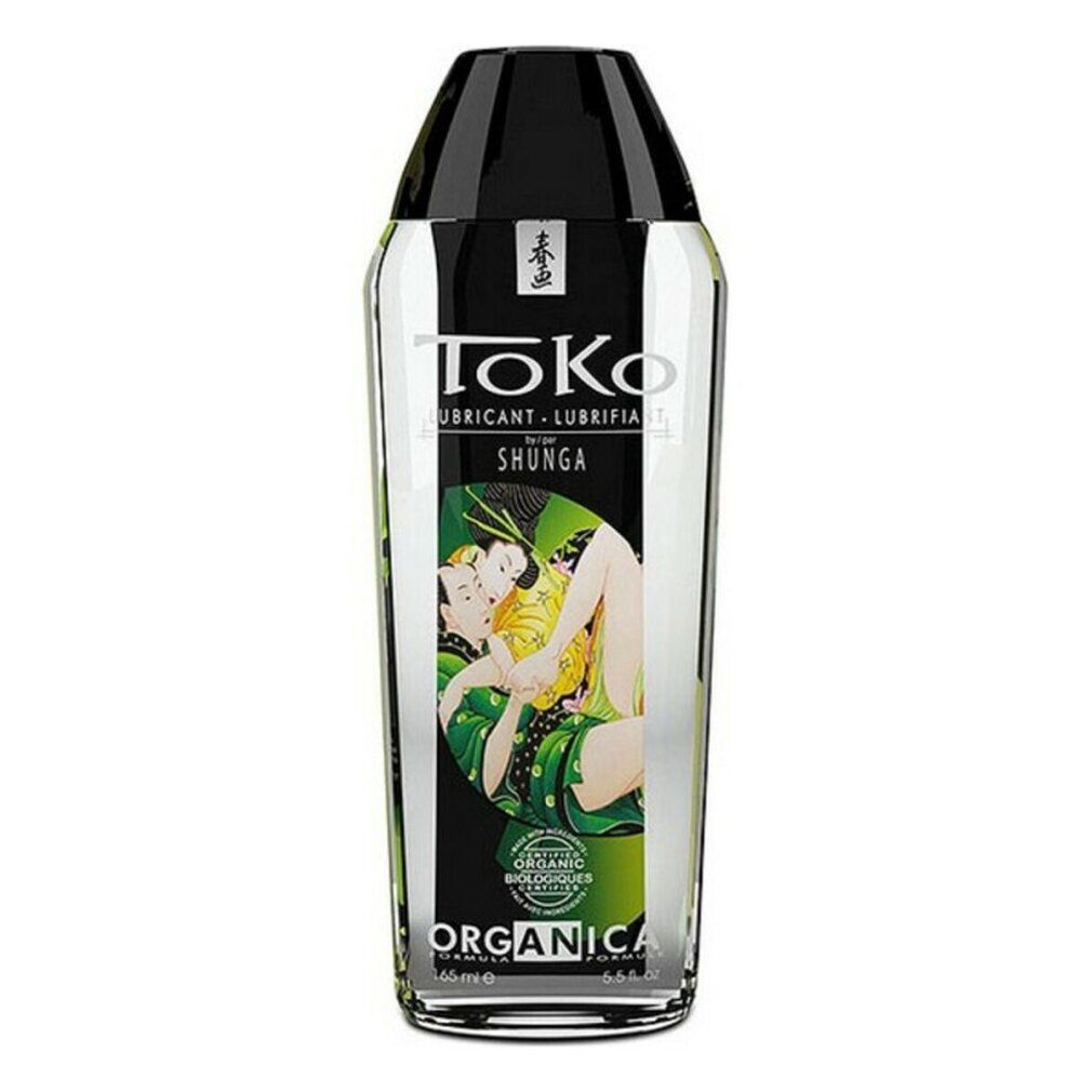 Toko Organica Shunga Gleitmittel in transparenter Flasche mit schwarzem Verschluss. Etikett mit asiatischem Motiv und Produktinformationen.