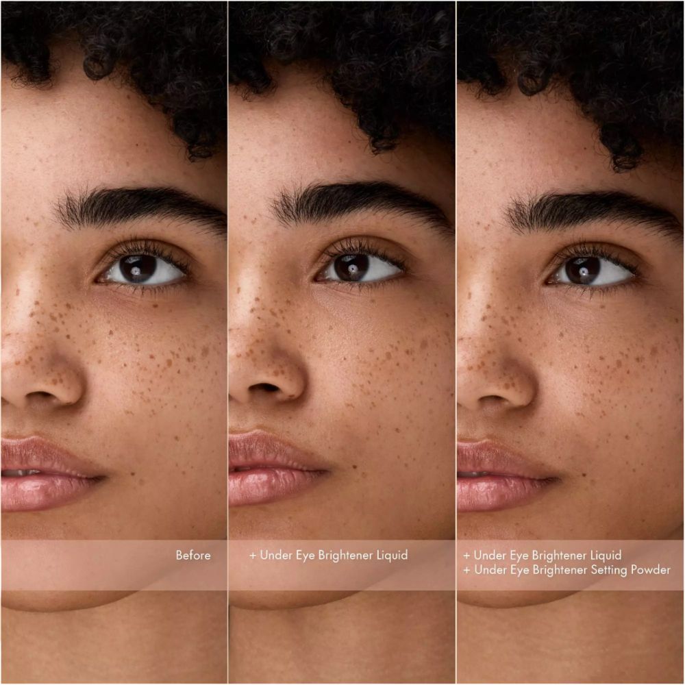 Gesicht einer Frau. 3 Ansichten: ungeschminkt, mit Concealer, mit Concealer und Puder.