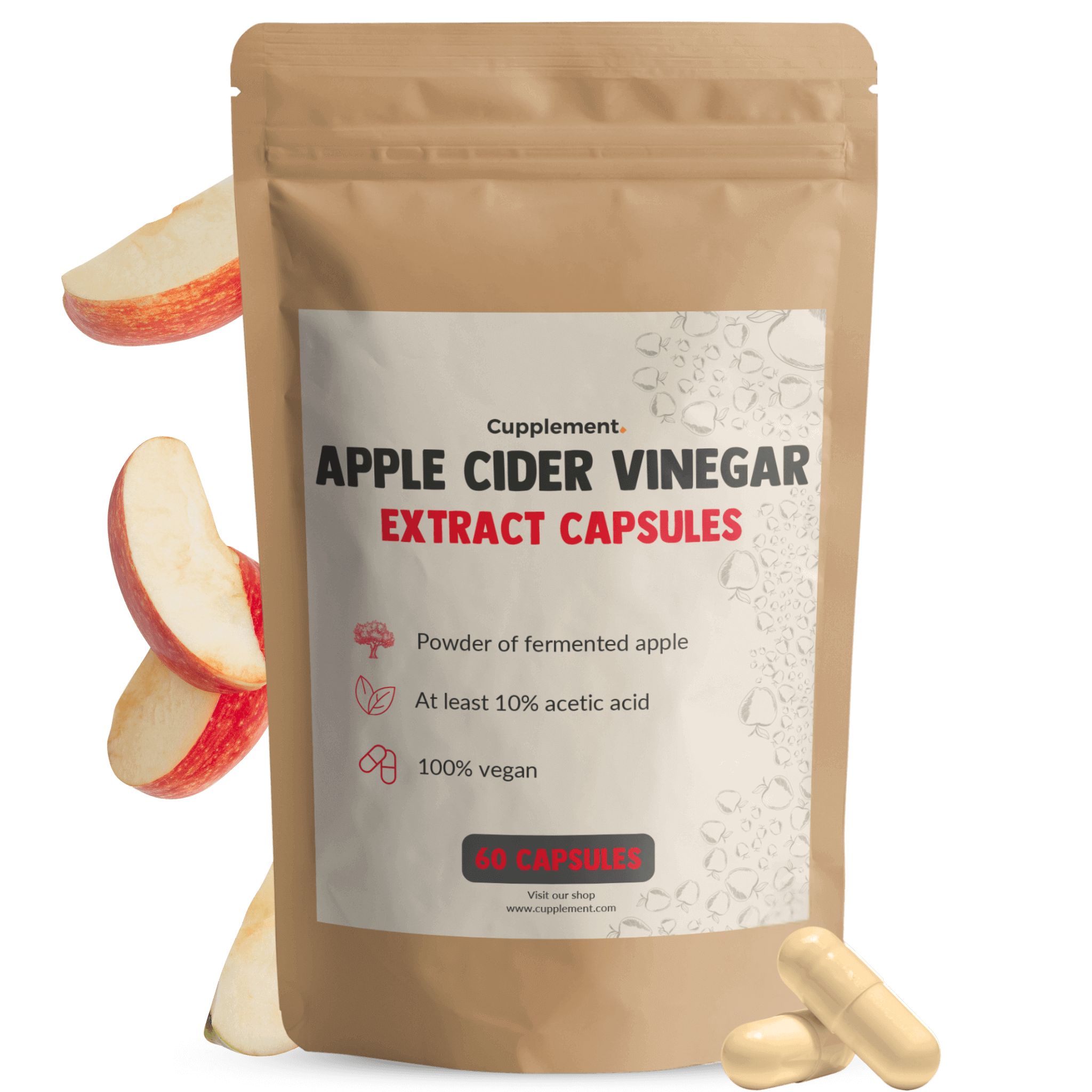 Beutel mit Kapseln. Aufschrift: Apple Cider Vinegar Extract Capsules. Enthält Apfelessig-Extrakt. Daneben Apfelstücke.