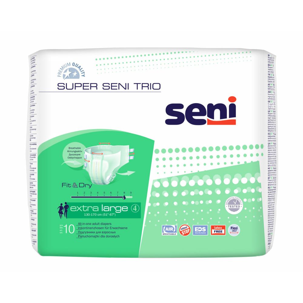 Verpackung von Inkontinenzprodukten. Aufschrift: Super Seni Trio, Seni, Fit & Dry, Extra Large 4, 10 Stück.