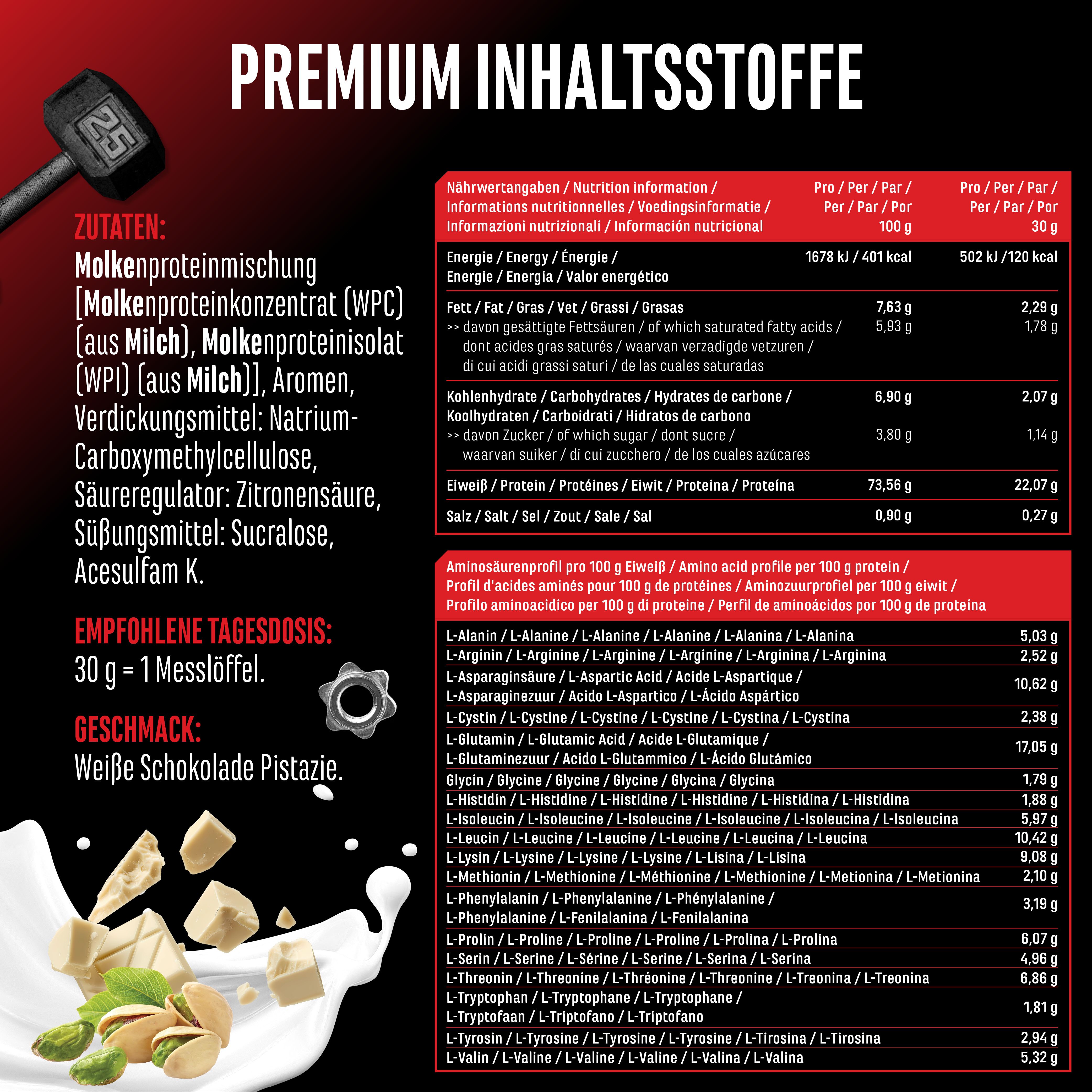 Nährwerttabelle und Zutatenliste für GEN Whey Protein Komplex. Enthält Informationen zu Energie, Fett, Kohlenhydraten, Eiweiß und Aminosäuren.