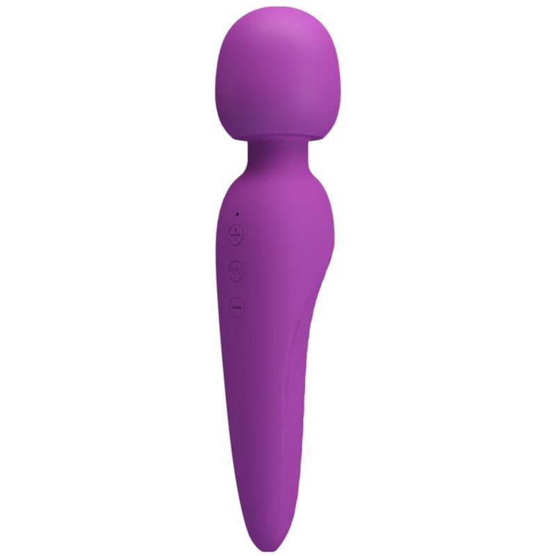 Lila Massagegerät. Ergonomische Form mit abgerundetem Kopf. Drei Knöpfe am Griff.