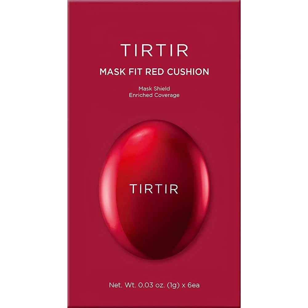 Rote Verpackung mit rotem Produkt. Aufschrift: TIRTIR, Mask Fit Red Cushion. Mask Shield Enriched Coverage. Nettoinhalt 0.03 oz (1g) x 6ea.