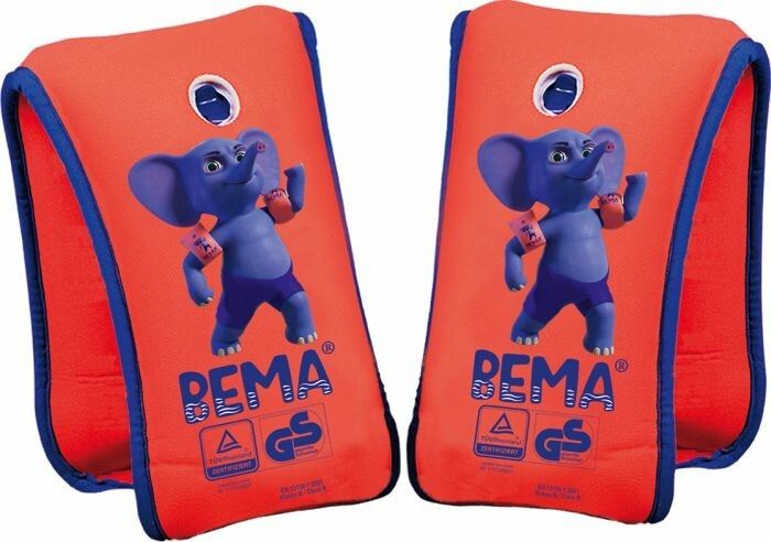 Zwei orangefarbene Schwimmflügel mit blauem Rand. Aufdruck: blauer Elefant, BEMA-Logo, GS-Zeichen.