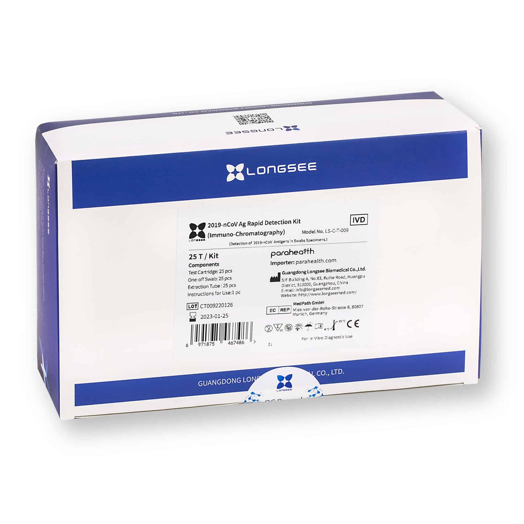 Karton mit Longsee SARS-CoV-2 Antigen Schnelltest 3in1. Blaue und weiße Verpackung mit Produktinformationen und Logo.