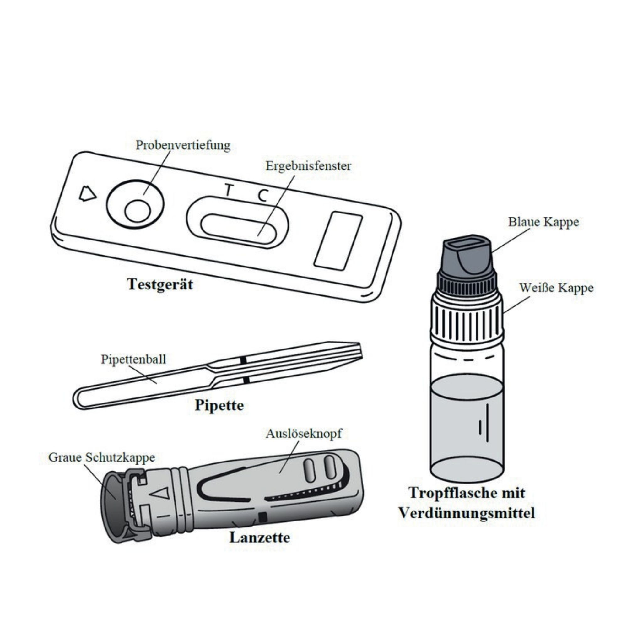 Bestandteile eines Testkits: Testgerät, Pipette, Lanzette, Tropfflasche. Beschriftungen in Deutsch.