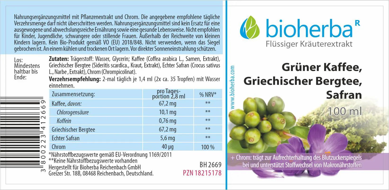 Etikett mit Produktnamen: Grüner Kaffee, Griechischer Bergtee, Safran. Enthält Informationen zu Inhaltsstoffen und Nährwerten. 100 ml.