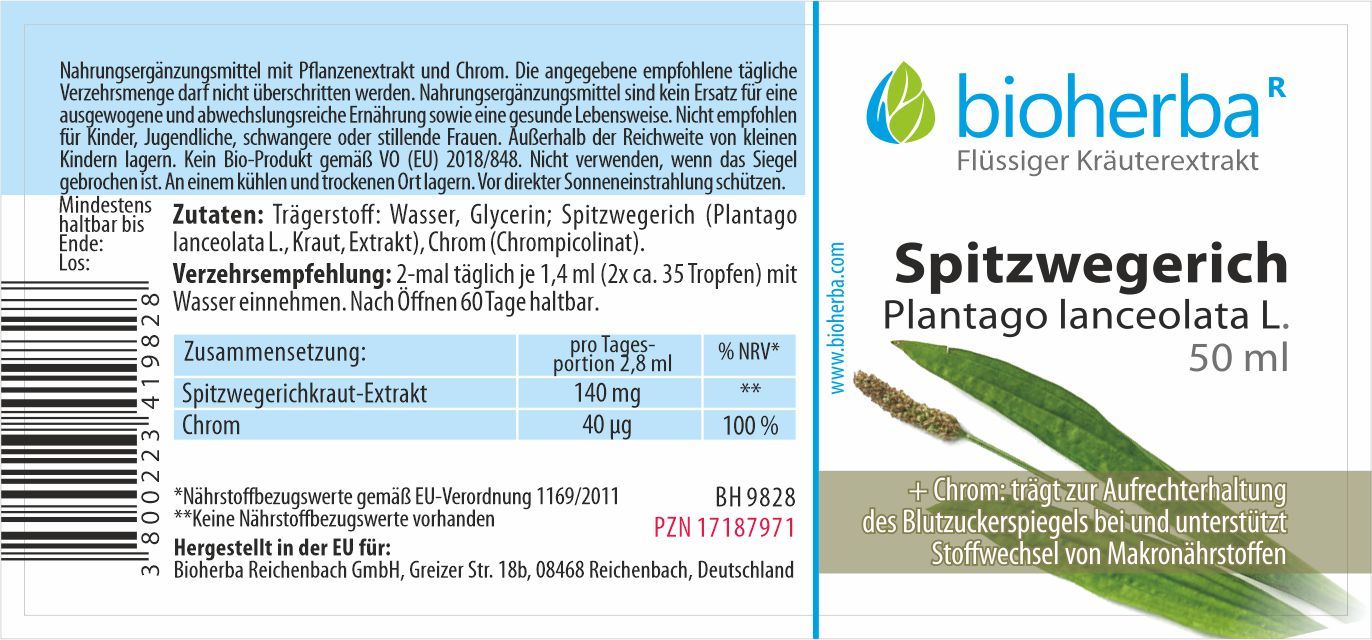 Etikett mit Produktnamen, Logo und Inhaltsangaben. Enthält Informationen zu Zutaten und Dosierung.