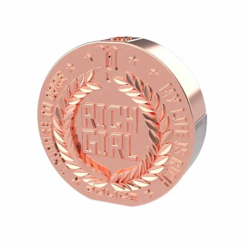 Runder, roségoldfarbener Behälter. Aufschrift: RICH GIRL, POLICE. Lorbeerkranz und Text umranden das Logo. Seitlich silberfarben.