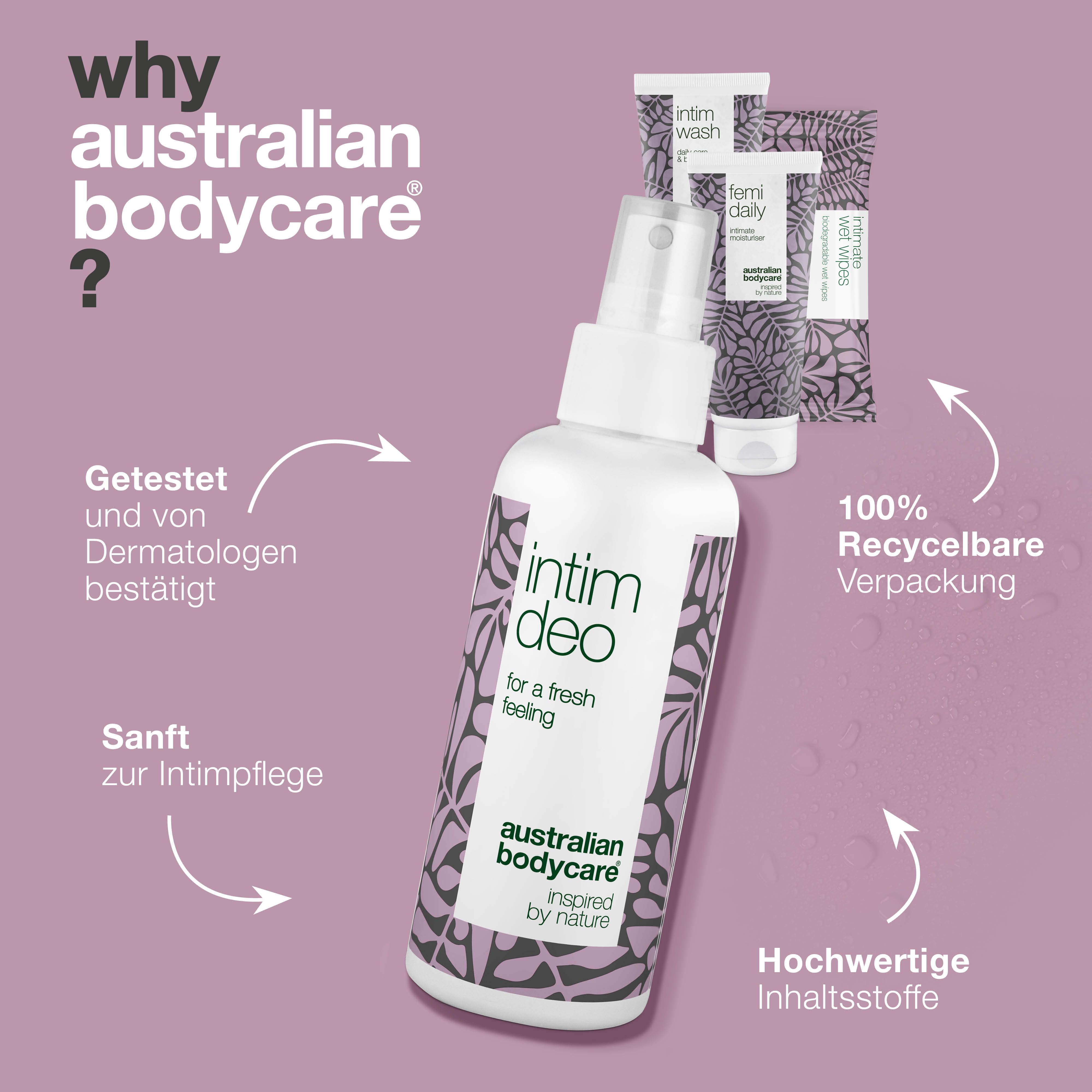 Deo-Spray für Intimbereich. Weiße Flasche mit Blättermuster. Text: Für ein frisches Gefühl. 100% recycelbar.