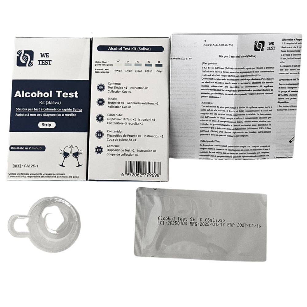 We Test Alkoholtest Speicheltest-Kit. Geöffnete Verpackung mit Teststreifen, Becher und Anleitung. Enthält Text und Logos.
