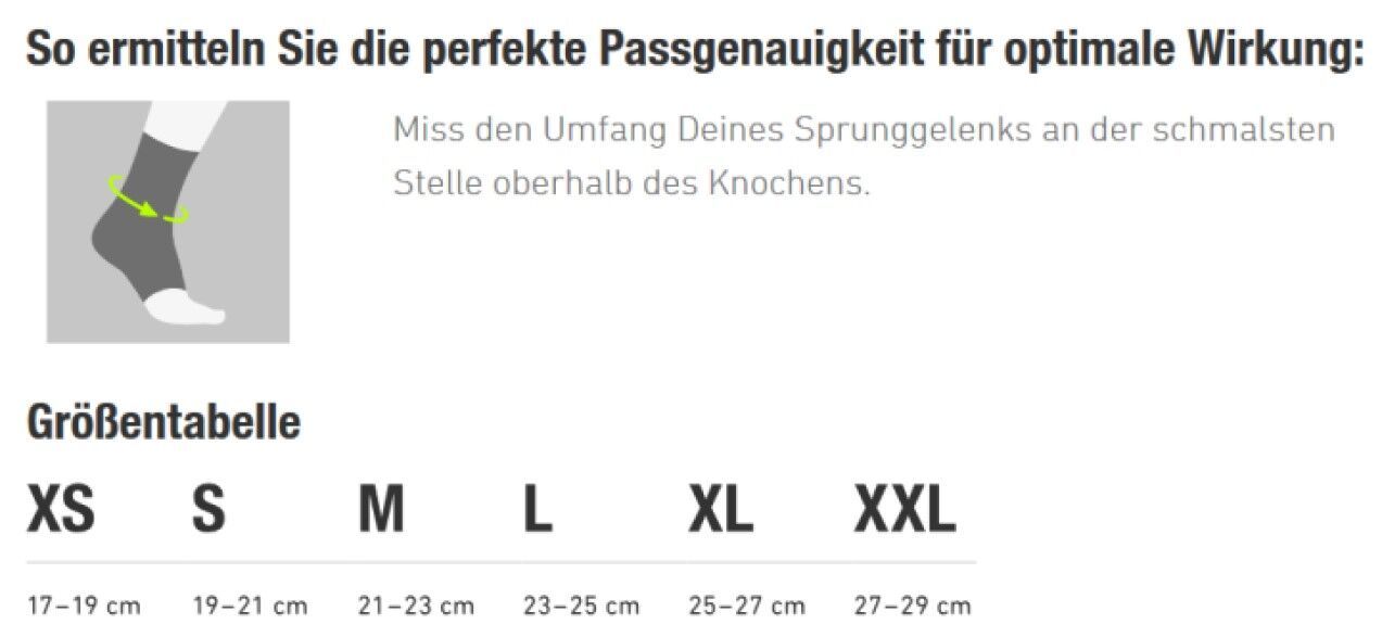 Größentabelle mit Größen XS bis XXL. Anleitung zur Messung des Knöchelumfangs. Text: So ermitteln Sie die perfekte Passgenauigkeit.