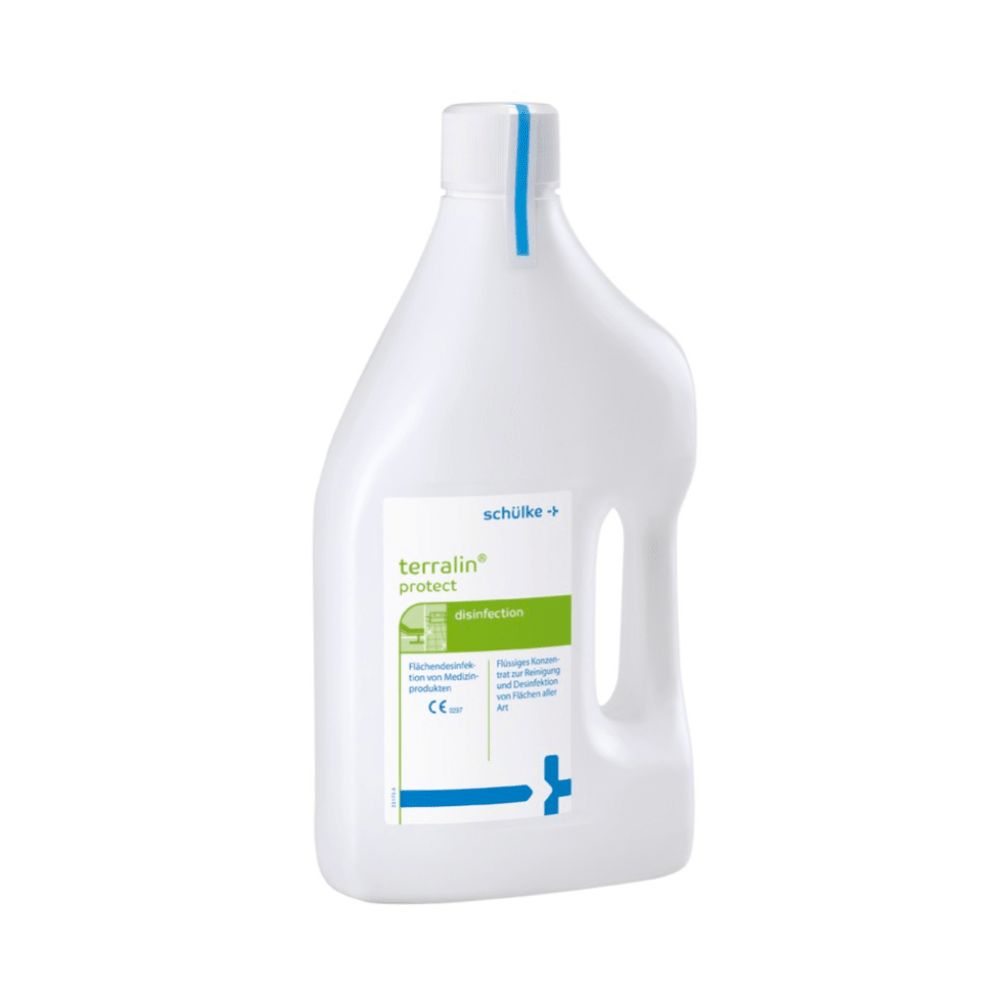 Weiße Flasche mit Griff, blauem Streifen und Produktbezeichnung. Aufschrift: terralin protect Desinfektion.