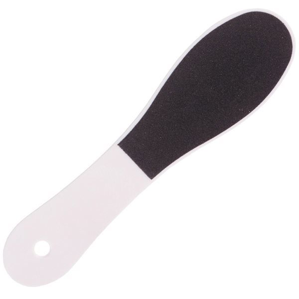 Fußfeile. Weißer Griff mit Loch. Schwarze, ovale Reibefläche. Für die Fußpflege.