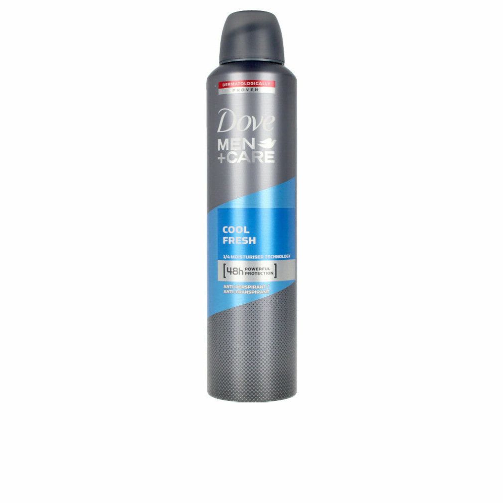 Dove Men+Care Cool Fresh Deospray. Grauer Behälter mit blauem Streifen. Text: Cool Fresh, 48h Protection, dermatologisch getestet.