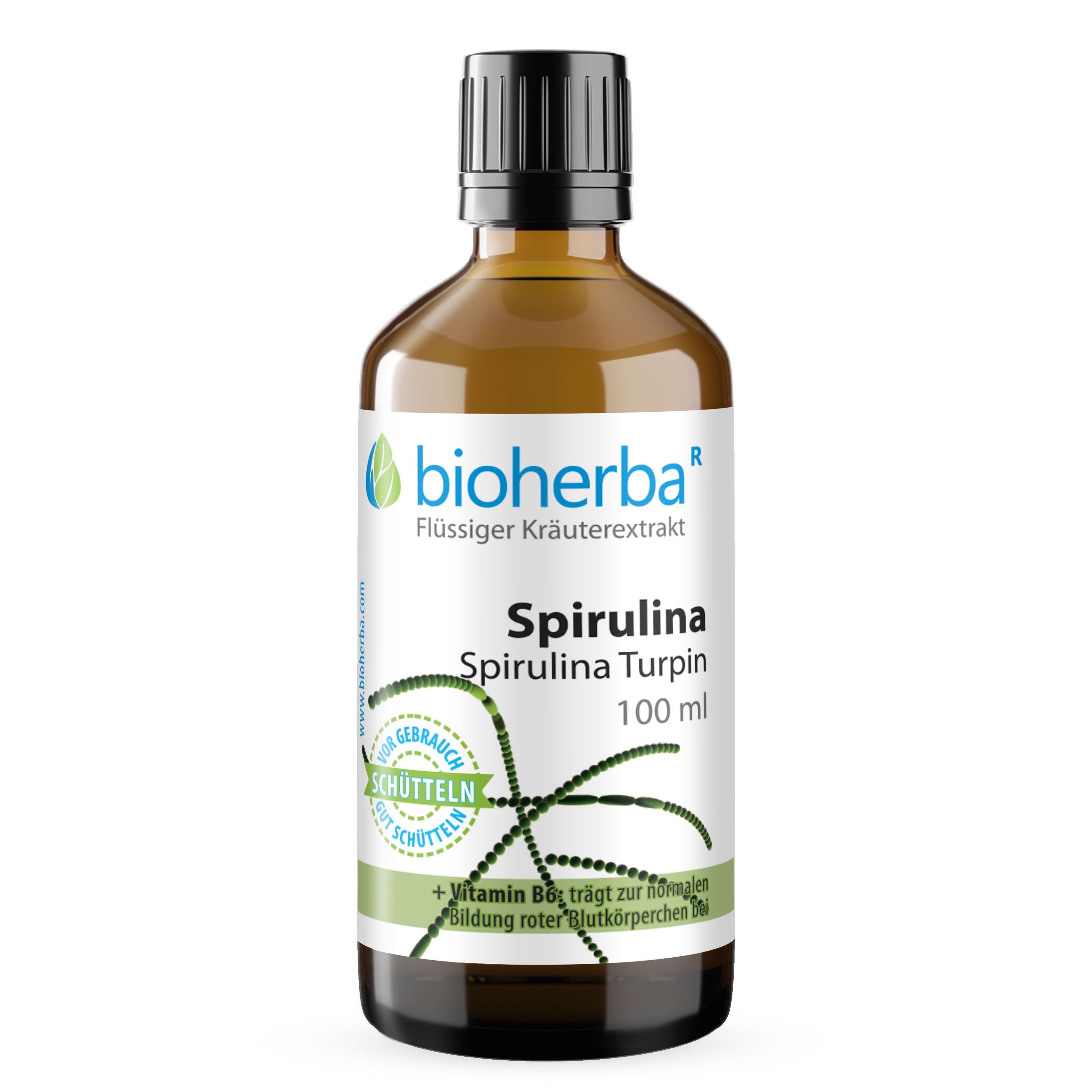 Braune Glasflasche mit schwarzem Deckel. Etikett mit Logo und Text: Spirulina Spirulina Turpin. 100 ml. Mit Text und grüner Grafik.