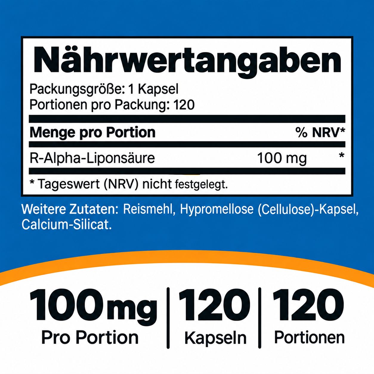 Nährwertangaben für R-Alpha-Liponsäure, 100mg pro Portion, 120 Kapseln.