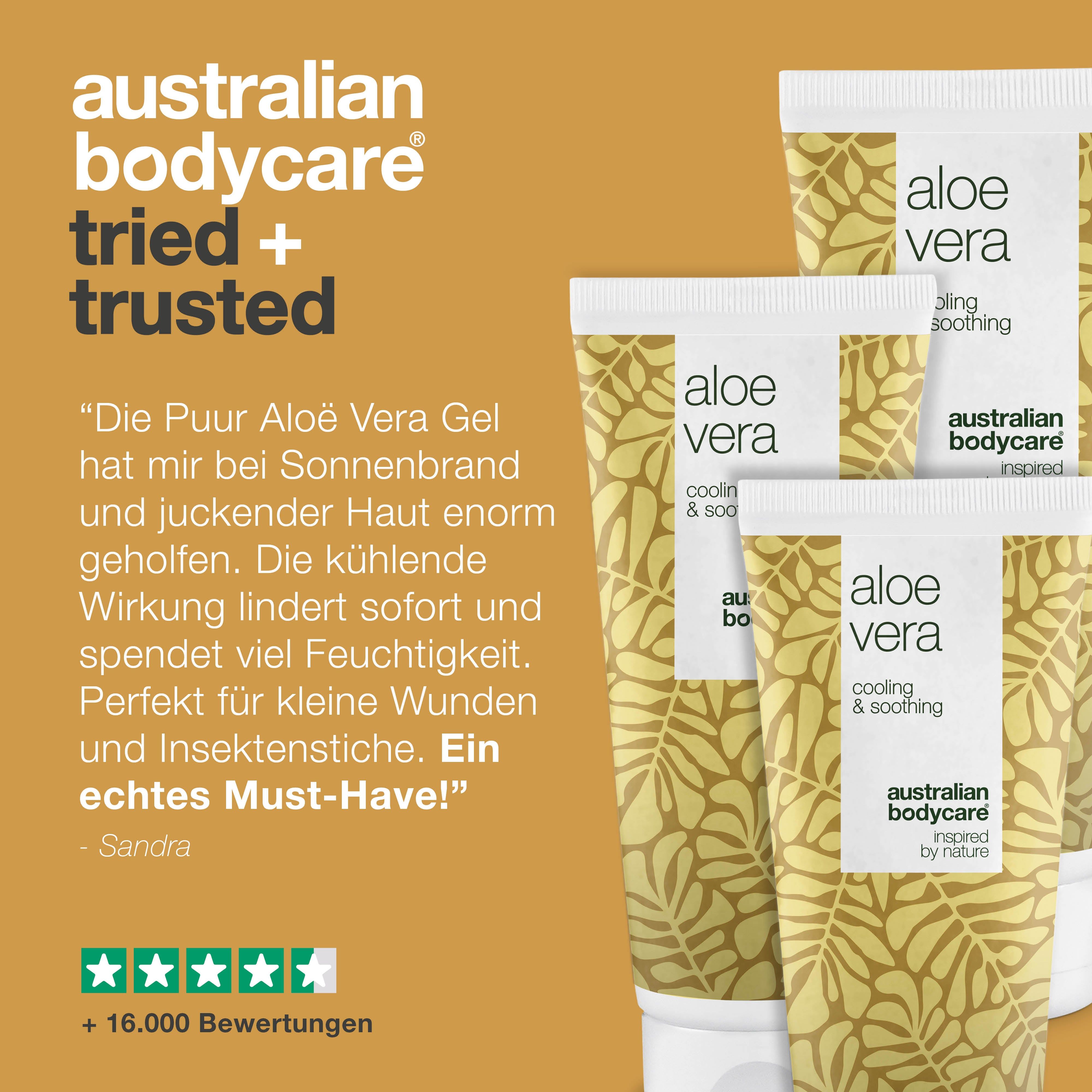 Verschiedene Personen mit Aloe Vera Gel. Marke: Australian Bodycare. Seit 1990.
