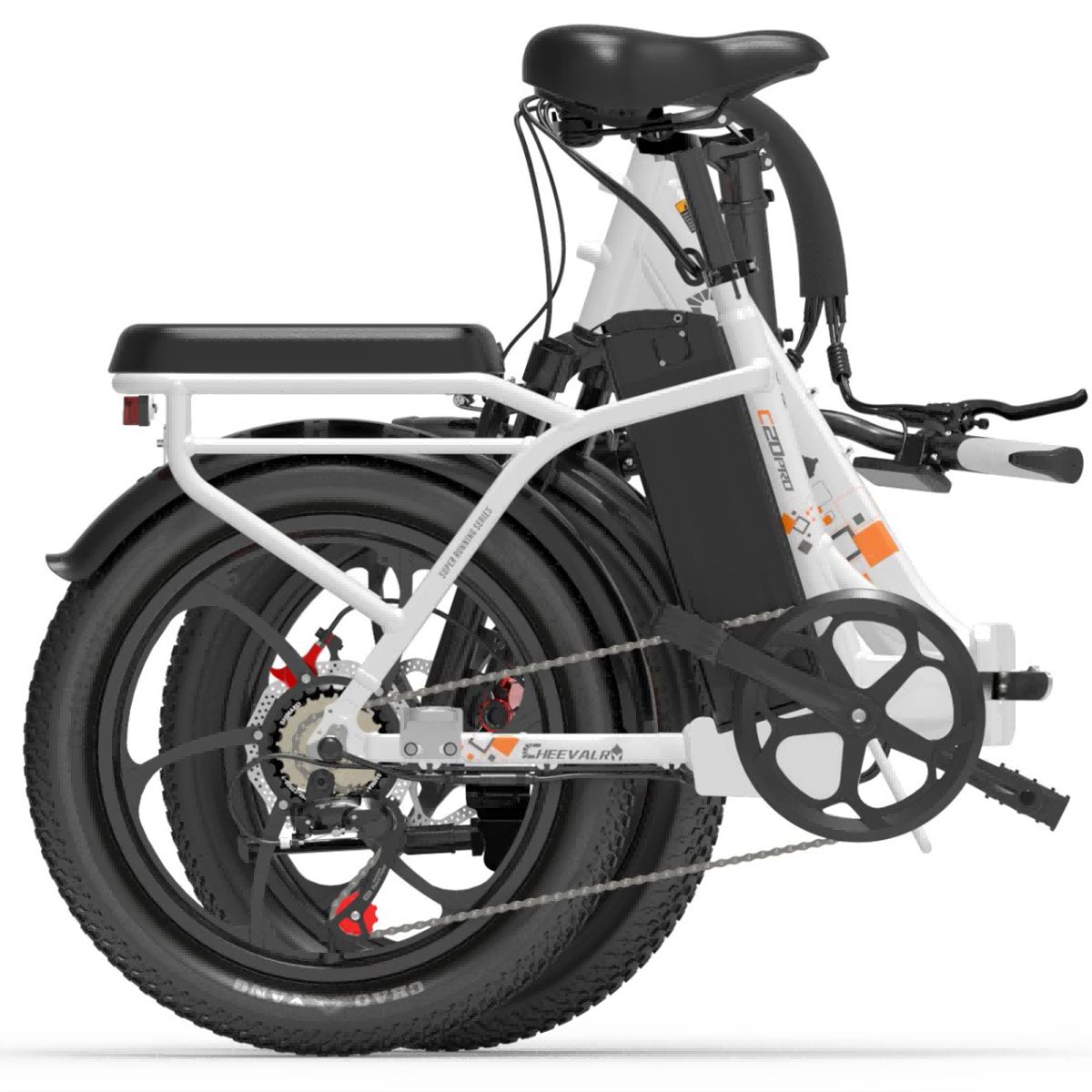 Gefaltetes weißes Elektrofahrrad mit schwarzen Reifen und Details. Gepäckträger, Sattel und Akku sind sichtbar. "C20 Pro"-Aufkleber.