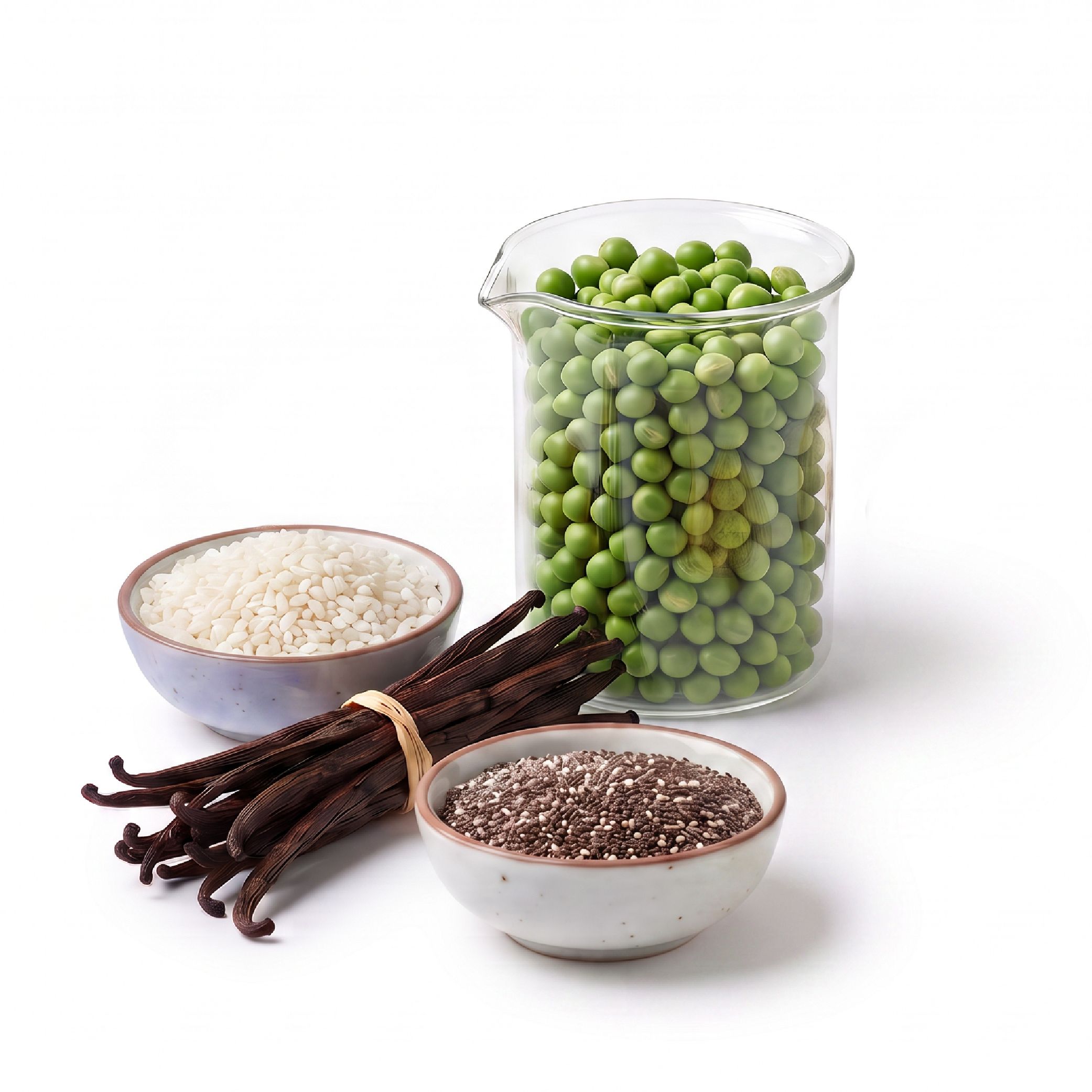 Zutaten für veganes Proteinpulver: Erbsen, Reis, Vanilleschoten und Chiasamen.