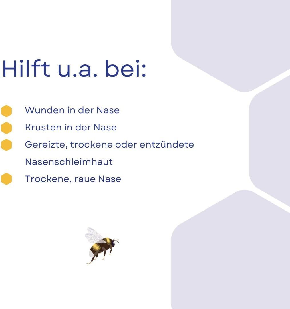 Text: Hilft u.a. bei: Wunden, Krusten, gereizter/trockener/entzündeter Nasenschleimhaut, trockener, rauer Nase. Biene.