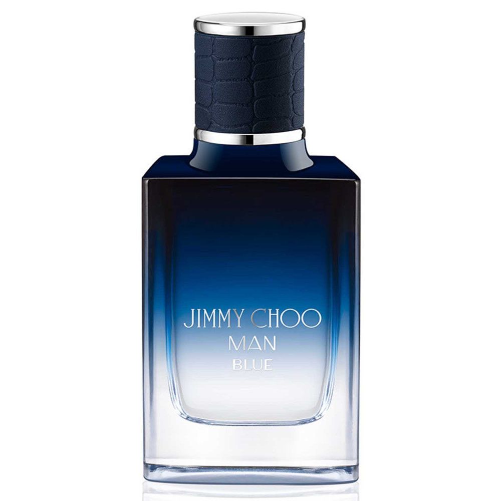 Rechteckige blaue Eau de Toilette Flasche. Aufschrift: JIMMY CHOO MAN BLUE. Silberner Deckel.