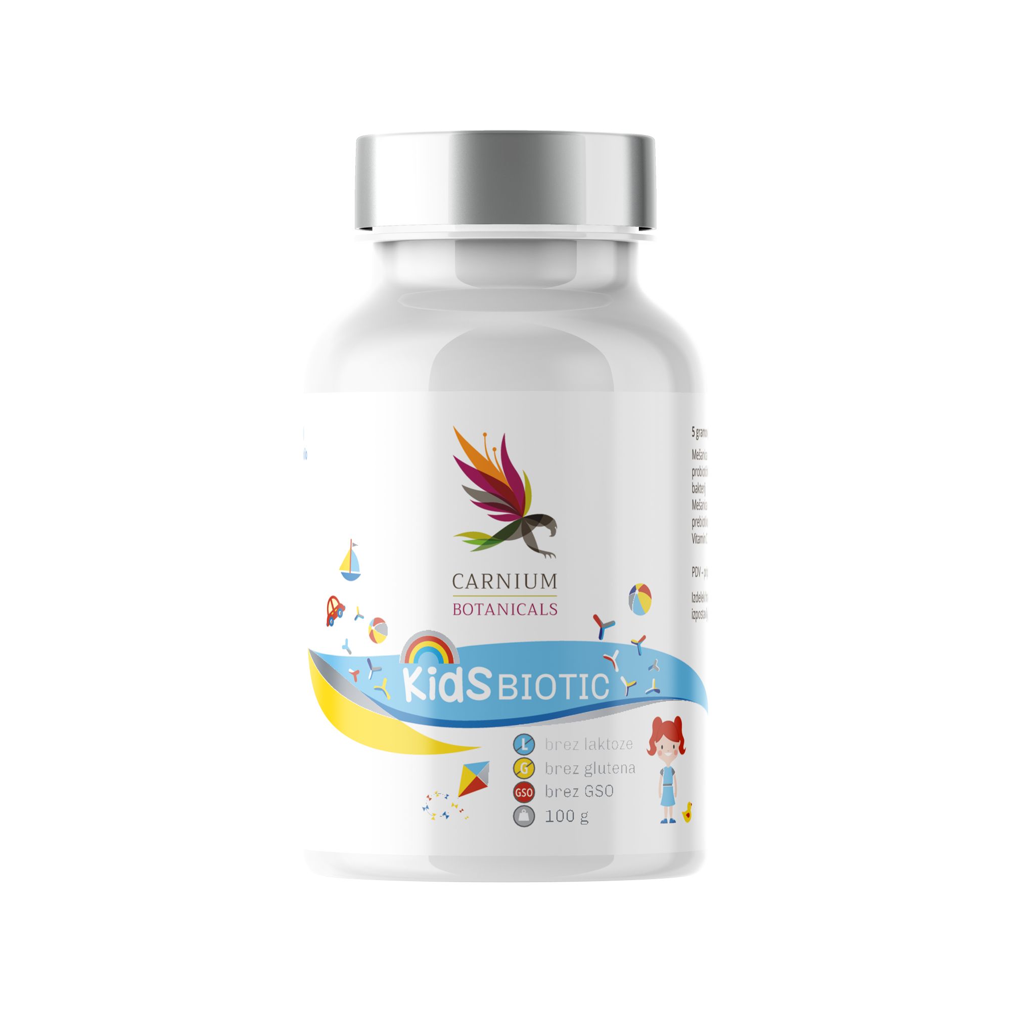 Weiße Flasche mit silbernem Deckel. Aufschrift: Kids Biotic, Carnium Botanicals. Illustrationen von Kindern und Objekten.