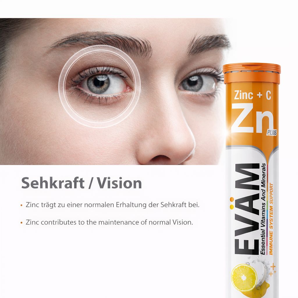 Brausetabletten-Tube mit EVÄM Vitamin C + Zink. Text: Sehkraft. Auge mit Kreisen. Zink für die Erhaltung der Sehkraft.